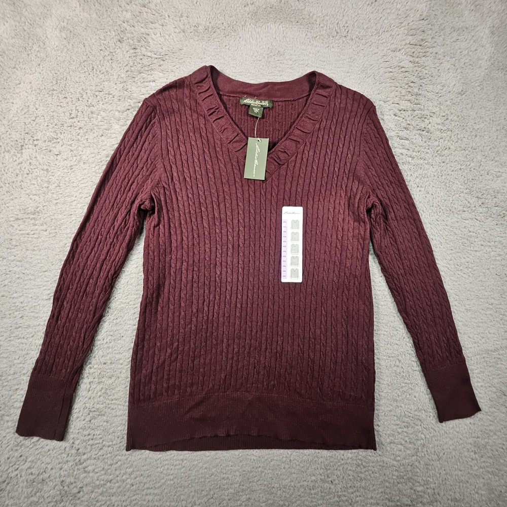 Eddie Bauer Cable Knit‎ Sweater Womens 2XL Burgundy V Neck Preppy Holiday Cozy